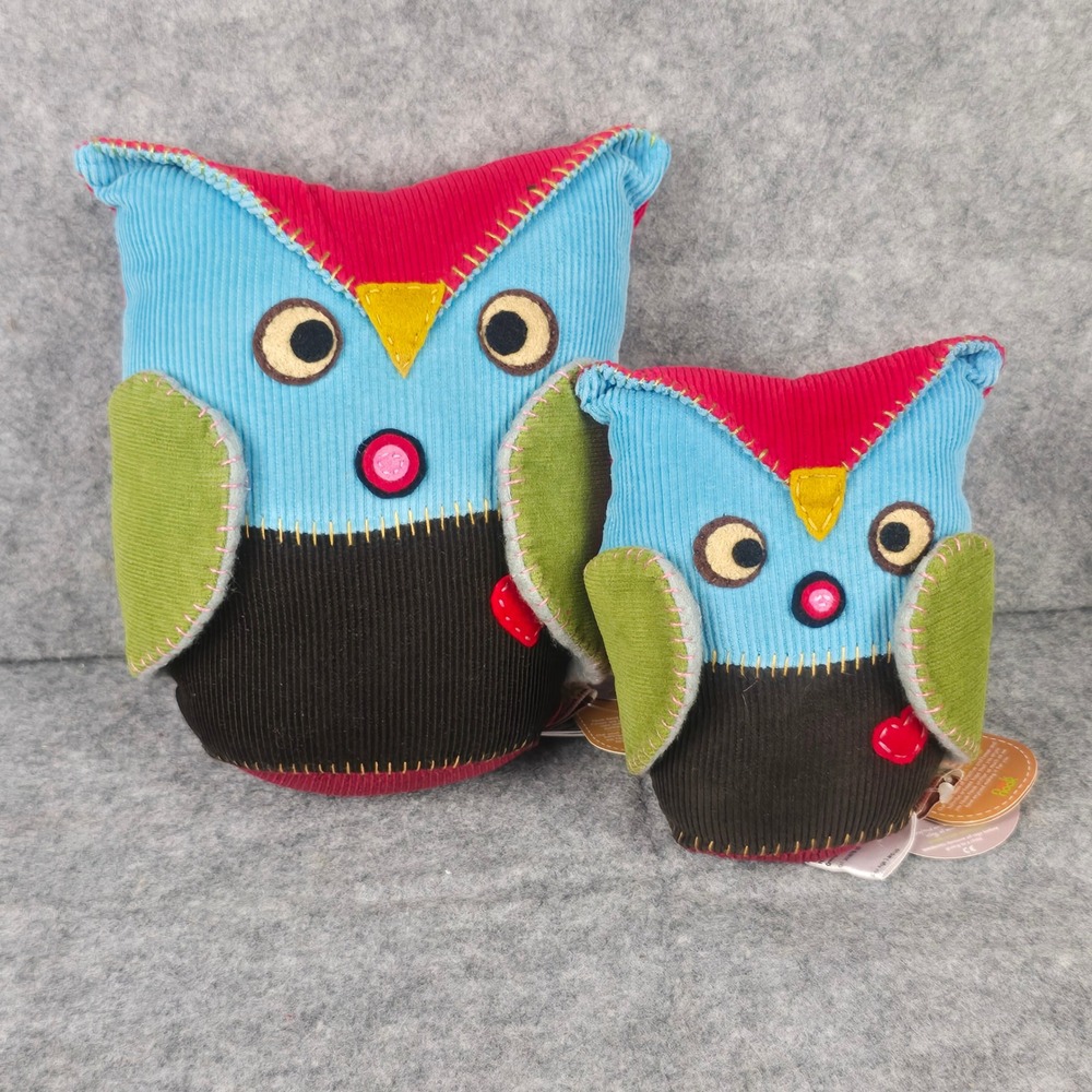 Nook Nook Owl Plush Decor Set Multicolor Corduroy Folk Art Whimsical Handcrafted